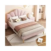 komhtom lit rembourré lit plateforme avec tête de lit cadre de lit avec sommier à lattes en bois modernité chambres à coucher(sans matelas) (beige, 140x200cm) (rose)