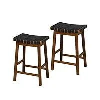 giantex lot de 2 tabourets de bar 65 cm avec siège en cuir synthétique tressé & repose-pieds & cadre en bois massif, chaise de salle à manger moderne pour bistro, salle à manger, salon, charge 150 kg