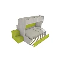 mobilfino camerette smart120b – lit superposé avec danseur rétro et lit inférieur d'une place et demie avec gradins de rangement – blanc effet bois et citron vert, avec lit extractible