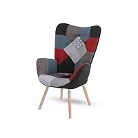 meuble cosy fauteuil scandinave chaise de canapé de loisirs pour salon salle à manger bureau avec un revêtement en tissu patchwork, accoudoirs rembourés et des pieds en bois massif, 68x71x106cm