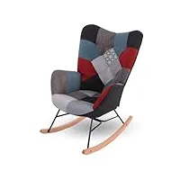 meuble cosy fauteuil à bascule allaitement scandinave chaise loisir et repos en tissu patchwork avec pieds en e' bois métal pour salon, chambre, le balcon, massif, 71x85x99cm
