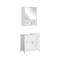 kleankin meuble sous lavabo + armoire murale de salle de bain avec miroir - meuble sous-vasque et armoire à glace avec étagère réglable poignées alliage aluminium | verre mdf blanc