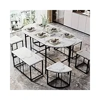 sweiko ensemble de salle à manger et chaises (1 + 6), ensemble de cuisine avec coussins d'assise en mdf blanc et cadre en fer noir, table de salon moderne et 6 chaises de salle à manger rembourrées,