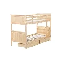 lit superposé en bois de pin clair 90 x 200 cm avec sommier à lattes et coffre albon