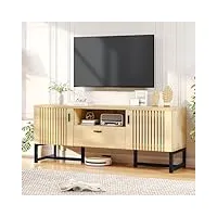 dwvo meuble tv pour tv de 65", console tv de ferme avec porte à lattes, support en fer, 2 armoires, console multimédia et trou pour câble pour salon