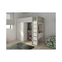 vente-unique - lit mezzanine 90 x 200 cm avec armoire et bureau - naturel grisé et blanc + matelas - nicolas
