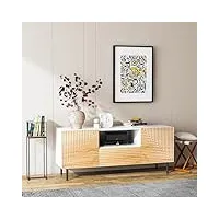 roomfitters meuble tv de 145 cm en bois de peuplier style mid-century avec motifs sculptés, meuble tv avec 2 portes et tiroir, meuble tv avec compartiments ouverts, meuble tv pour téléviseur jusqu'à