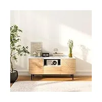 roomfitters meuble tv de 120 cm en bois de peuplier style mid-century avec motifs sculptés, meuble tv avec 2 portes et tiroir, meuble tv avec compartiments ouverts, meuble tv pour téléviseur jusqu'à