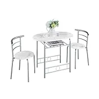 abician ensemble de table de salle à manger avec 2 chaises en métal et en bois petit espace table de cuisine pour deux personnes 90 cm × 53 cm × 75,5 cm blanc