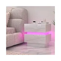 lvhcmfohm table de chevet lumière led, table de nuit avec station de charge, chevet de lit avec 2 tiroirs, 2 ports usb (blanc, 45x35x46cm)