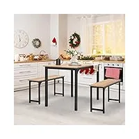 giantex lot de 3 tables à manger, avec 2 bancs, ensemble de salle à manger, table de cuisine 70 x 110 x 75 cm, pour 4 personnes, en bois et cadre en métal, naturel
