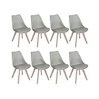 eggree lot de 8 chaises salle à manger scandinaves chaises de cuisine, rétro tulip rembourrée chaise de salle de bureau, pieds en bois de hêtre massif, gris