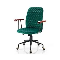 giantex fauteuil de bureau rétro en velours réglable en hauteur avec roues, chaise de bureau ergonomique avec assise rembourrée & accoudoirs en bois caoutchouc, style vintage, charge 150 kg (vert)