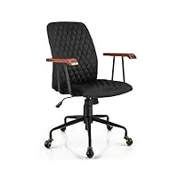 giantex fauteuil de bureau rétro en velours réglable en hauteur avec roues, chaise de bureau ergonomique avec assise rembourrée & accoudoirs en bois caoutchouc, style vintage, charge 150 kg (noir)