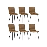 furniturer lot de 6 chaises de salle à manger en daim avec pieds en métal pour chambre à coucher, salon, pieds noirs, marron