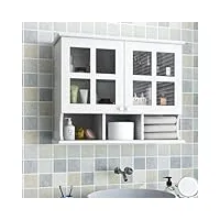 giantex armoire de salle de bain suspendue en bois avec portes en verre - armoire murale avec étagère et 3 compartiments ouverts - 75 × 28 × 60 cm, blanche