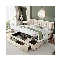 merax lit rembourré 160 x 200 cm, avec tiroirs et espace de rangement, fonctionnel hydraulique, avec sommier à lattes, tête de lit réglable beige (sans matelas)