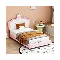 komhtom lit d'enfant lit rembourré avec tête de lit, cadre de lit plateforme avec sommier à lattes en bois, mignon, princesse, rose(sans matelas) (90x200cm)
