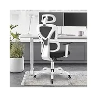 dochair chaise de bureau confortable, fauteuil ergonomique avec appui-tête et accoudoirs ajustables, fauteuil à dossier haut respirant avec roulettes pivotantes silencieuses blanc
