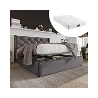 lit double capitonné 160 x 200 cm, avec sommier à lattes en métal et coffre de lit, lit de rangement hydraulique, grand espace de rangement et tête de lit réglable en hauteur, avec matelas, gris