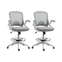 vinsetto lot de 2 fauteuils de bureau chaise de bureau assise haute réglable dim. 64l x 60l x 106-126h cm tabouret de bureau pivotant 360° maille respirante gris et blanc