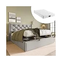 lit double rembourré, 160 x 200 cm, avec sommier à lattes en métal et coffre de lit, lit de rangement hydraulique, grand espace de rangement et tête de lit réglable en hauteur, avec matelas, gris