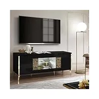 dansmamaison meuble tv 160 cm 2 portes battante à led noir brillant/or - nahesa - meuble tv : l 160 x l 48 x h 67 cm