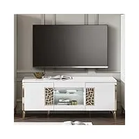 dansmamaison meuble tv 160 cm 2 portes battante à led blanc brillant/or - nahesa - meuble tv : l 160 x l 48 x h 67 cm