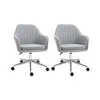 homcom lot de 2 chaises de bureau fauteuil de bureau design contemporain dossier accoudoirs striés hauteur réglable pivotant 360° piètement chromé lin gris clair
