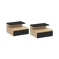 idmarket - lot de 2 tables de chevet murales tomi étagère suspendue + 1 tablette bois façon hêtre et tiroir noir