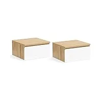 idmarket - lot de 2 tables de chevet murales tomi étagère suspendue bois façon hêtre et tiroir blanc