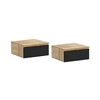 idmarket - lot de 2 tables de chevet murales tomi étagère suspendue bois façon hêtre et tiroir noir