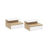 idmarket - lot de 2 tables de chevet murales tomi étagère suspendue + 1 tablette bois façon hêtre et tiroir blanc