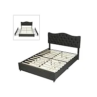 meuble cosy lit coffre double 140x190 cm avec tiroirs, sommier à lattes en bois et tête de lit revêtement en tissu, scandinave, pour chambre, adulte, adolescent, gris