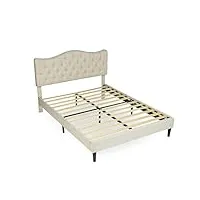 meuble cosy lit double 160x200 cm avec sommier à lattes en bois et tête de lit revêtement en tissu, scandinave, pour chambre, adulte, adolescent, beige