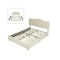 meuble cosy lit coffre double 140x190 cm avec tiroirs, sommier à lattes en bois et tête de lit revêtement en tissu, scandinave, pour chambre, adulte, adolescent, beige