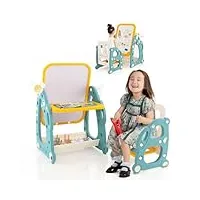 costway 4 en 1 table enfants avec chaise & 3 hauteurs réglable, chevalet enfants avec 14 accessoires & panier inférieur, télescope et jeu d'anneaux pour enfants de 1-8 ans, charge 30kg