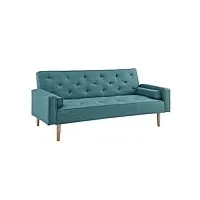 mobilier-deco juliette - canapé clic clac en tissu bleu avec pieds en bois