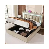 komhtom lit double rembourré led avec tête de lit réglable, lit de rangement avec fonction de recharge, cadre de lit, sommier à lattes en bois(sans matelas) (beige, 160x200cm)
