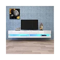 okwish meuble tv avec led, meuble tv bas en blanc brillant avec éclairage led, meuble tv de haute qualité avec espace de rangement, pour salon, 140x40x30,5 cm, blanc
