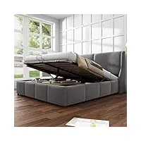 lit à sommier tapissier rembourré, 160 x 200 cm, avec sommier à lattes, cadre en métal, lit double espace de rangement, avec grand espace de rangement et tête de lit réglable en hauteur, lit