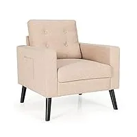 relax4life fauteuil salon confortable avec pieds en bois d'hévéa|2 poches latérales, canapé moderne rembourré avec siège large&dossier&accoudoirs ergonomiques pour salon chambre bureau (beige)