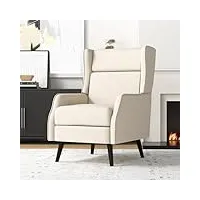 costway fauteuil salon scandinave, fauteuil à oreilles en tissu de lin, fauteuil de lecture à dossier haut, coussin amovible, pieds en bois d'hévéa massif, chaise d'appoint pour chambre (blanc)