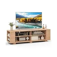 gymax meuble tv avec 4 compartiments de rangement et 4 Étagères latérales, support pour télé jusqu'à 65’’, banc tv avec position d’Étagère réglable & 4 trous pour câbles (naturel)