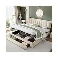 fortuna lai lit double rembourré, moderne, avec 2 tiroirs, coffre de rangement, avec coffre de lit, sommier à lattes et tête de lit, en velours, beige, 180 x 200 cm