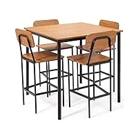 giantex set de tables à manger 5 pièces, table haute et 4 tabourets de bar avec repose-pieds et dossier, finitions avec grain de bois, pieds en métal, ensemble de meubles peu encombrants pour bar,