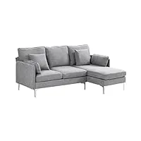 homcom canapé d'angle 3 places canapé avec méridienne réversible pour salon, grand confort tissu polyester gris clair