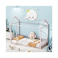lits de maison avec bordure et sommier à lattes en métal - convient pour les enfants, les adolescents, les filles, les garçons - lit d'invité (rose + 90 x 200 cm)