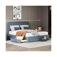 lit en lin 140 x 200 cm avec tiroirs, sommier à lattes et défenses extérieures en bleu