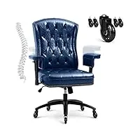 yamasoro fauteuil de bureau cuir vintage bleu chaises de bureau ergonomiques avec roues et bras en caoutchouc fauteuil de direction, cuir ciré oli bleu